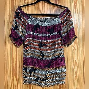 East 5th Blouse Women's Over Shoulder Short Sleeve Stretch Semi Sheer